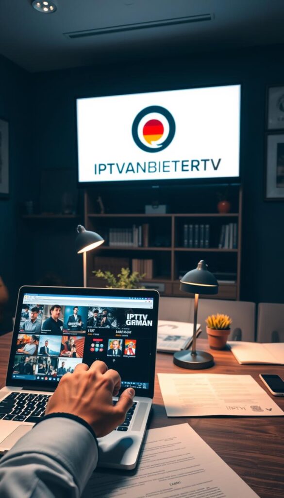 A dimly lit modern office interior with a large computer monitor displaying the IPTVANBIETERTV brand logo. In the foreground, a hand is operating a laptop, with the screen showing German IPTV legal streaming content. The middle ground features a desk with legal documents, a desk lamp, and a potted plant. The background showcases a bookshelf and framed artwork, creating a professional and authoritative atmosphere. The lighting is warm and subdued, conveying a sense of legality and legitimacy surrounding the IPTV service.