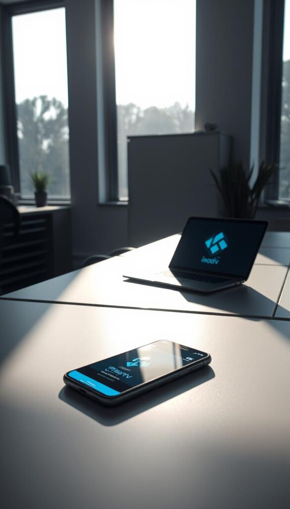 A dimly lit modern office interior, with a sleek desk and a laptop displaying the IPTVANBIETERTV brand logo. Soft natural light filters in through large windows, casting subtle shadows across the scene. On the desk, a smartphone lies slightly angled, its screen showing a Kodi interface, hinting at the legal aspects of IPTV usage. The atmosphere is professional and minimalist, conveying a sense of authority and credibility on the topic of IPTV legality in Germany.