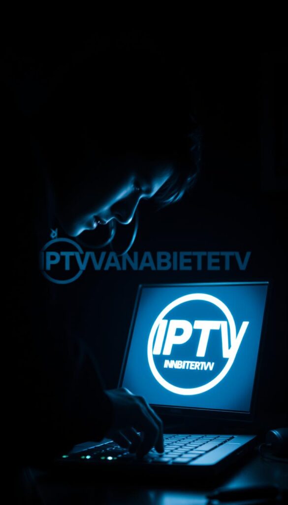 A dimly lit room, the glow of a computer screen casting an eerie light on the face of a person hunched over, their fingers swiftly navigating the keyboard. In the background, the IPTVANBIETERTV logo stands as a symbol of the illicit IPTV service they are accessing. The scene conveys a sense of suspense and unease, highlighting the clandestine nature of this illegal activity. The image should have a moody, cinematic quality, with strategic use of shadows and highlights to create a sense of tension and foreboding. The overall composition should draw the viewer's attention to the central figure, emphasizing the gravity of their actions and the potential consequences they face.