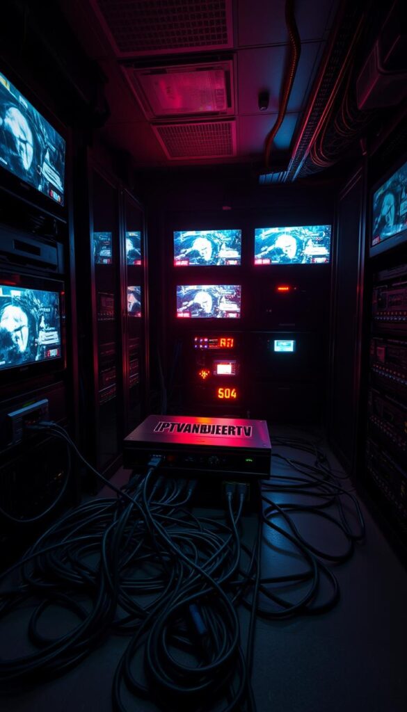 A dimly lit server room, filled with the hum of hardware and the flickering glow of digital displays. Cables snake across the floor, connecting a sleek black box labeled "IPTVANBIETERTV" to an array of screens displaying streaming content. Shadows loom in the corners, hinting at the potential risks and vulnerabilities of this illegal IPTV setup. The atmosphere is tense, with a sense of unease permeating the space. The image should convey the technical complexities and dangers associated with unauthorized IPTV services, highlighting the need for caution and awareness when considering such offerings.