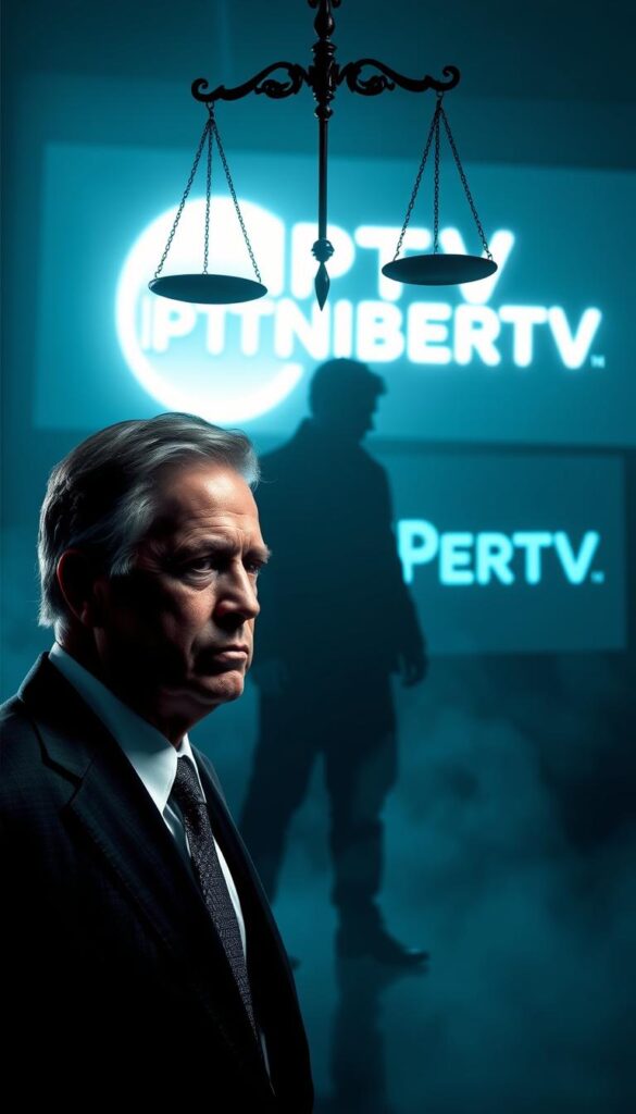 A dramatic digital artwork depicting the legal aspects of IPTV in Germany. In the foreground, a stern-faced figure in a suit representing the legal system, with a scale of justice hovering above. In the middle ground, a shadowy silhouette of a person streaming content, conveying the illicit nature of the act. In the background, the IPTVANBIETERTV logo shines brightly, a beacon of the legal IPTV service. The scene is bathed in cool, authoritative tones, with dramatic lighting casting ominous shadows, heightening the sense of legal consequence. The overall mood is one of gravitas and unease, reflecting the complex legal landscape surrounding IPTV in Deutschland.