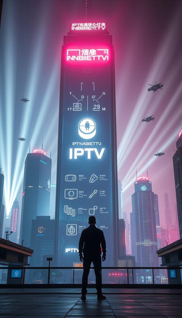 A dramatic, futuristic cityscape with a towering holographic display showcasing the IPTVANBIETERTV brand. Neon-lit skyscrapers and hovering vehicles create an immersive, cyberpunk atmosphere. The display features sleek, minimalist graphics and icons, symbolizing the technological revolution of IPTV. Shafts of light pierce through the night sky, casting long shadows and a sense of dynamism. A lone figure stands in the foreground, silhouetted against the dazzling display, capturing the awe and wonder of this IPTV revolution.
