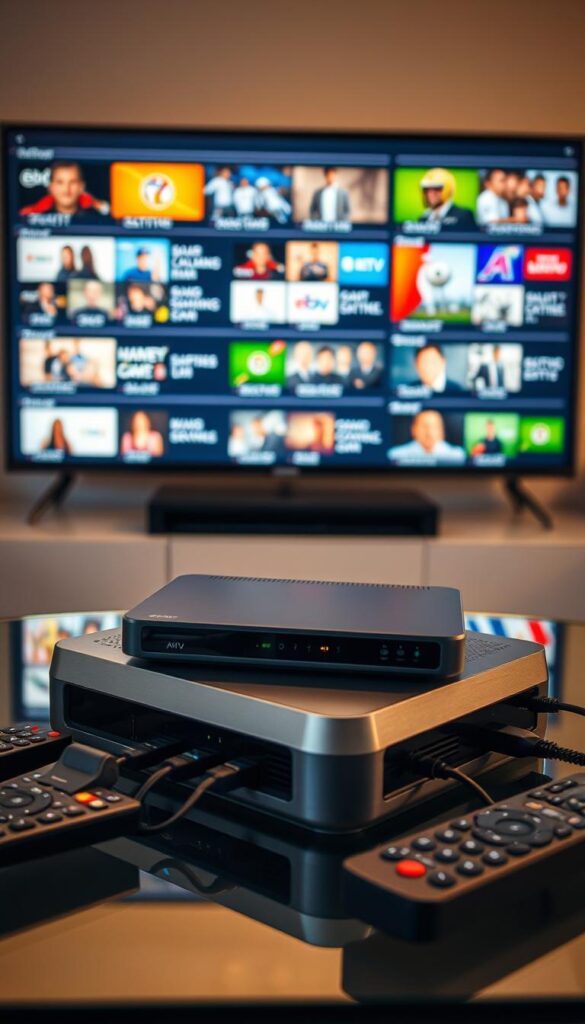 A dramatic shot of a modern, sleek IPTVANBIETERTV set-top box resting on a minimalist glass-top table, surrounded by various remote controls and cable connections. The box's bold, metallic finish reflects the warm, indirect lighting, creating a sense of technological sophistication. In the background, a large flat-screen television displays a vibrant, diverse array of deutsche IPTV channels, showcasing a comprehensive selection of content. The overall scene evokes a sense of convenience, entertainment, and the seamless integration of advanced television technology into the contemporary living space.