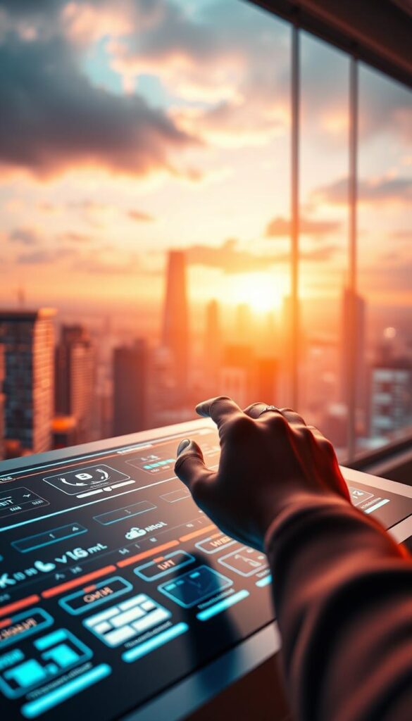 A dynamic and visually captivating image of "IPTV Technologie" for the section "Was ist IPTV und wie revolutioniert es das Fernsehen?" in the article "Bester IPTV-Anbieter in Deutschland - IPTVanbieterTV". A sleek, futuristic control panel with holographic displays, conveying the advanced, cutting-edge nature of IPTV technology. Soft, warm lighting illuminates the scene, creating a sense of sophistication. In the foreground, a hand hovers over the control panel, suggesting the seamless user interaction with the IPTV system. In the background, a panoramic view of a modern city skyline, hinting at the broader impact of IPTV on the way we consume and experience television. The overall composition should evoke a sense of innovation, progress, and the transformative power of IPTV. IPTVANBIETERTV