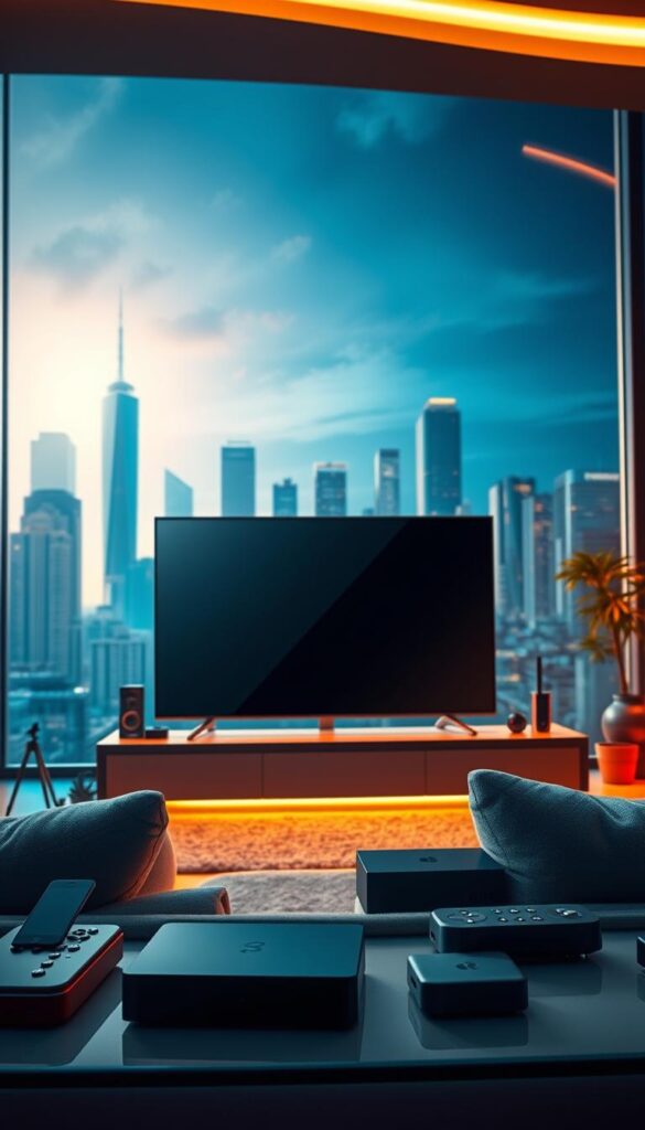 A dynamic and visually striking image showcasing the advantages of IPTV over traditional cable TV. In the foreground, a futuristic living room setup with a large, high-definition IPTVANBIETERTV display taking center stage. The lighting is warm and inviting, with subtle highlights accentuating the sleek, modern design of the TV and surrounding furniture. In the middle ground, various connected devices such as smartphones, tablets, and streaming boxes illustrate the flexibility and integration of IPTV, allowing seamless access to a vast library of content. The background features a cityscape with towering skyscrapers, representing the broad availability and advanced infrastructure supporting IPTV services. The overall scene conveys a sense of technological progress, convenience, and the superior viewing experience that IPTV can provide compared to conventional cable television.