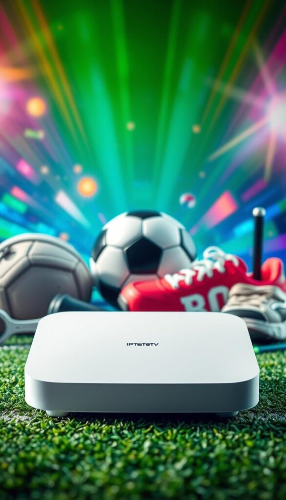 A dynamic and visually striking scene depicting the world of IPTV and sports, set against a backdrop of vibrant colors and bold imagery. In the foreground, a sleek and modern IPTVANBIETERTV device commands attention, its clean lines and futuristic design hinting at the cutting-edge technology within. The middle ground showcases a variety of sports equipment, from a soccer ball to a pair of running shoes, symbolizing the diverse range of athletic pursuits that IPTV can seamlessly accommodate. The background is a kaleidoscope of vivid hues, with flashes of light and energy that convey the excitement and intensity of live sports broadcasts. The overall composition is balanced and dynamic, reflecting the seamless integration of IPTV and the world of sports.