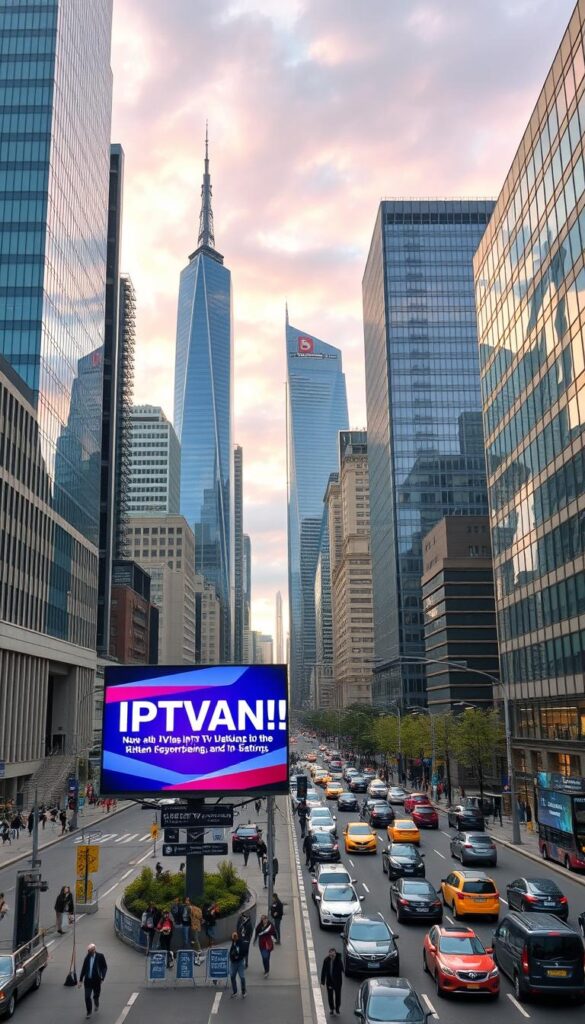 A dynamic cityscape of modern urban architecture, with towering skyscrapers and sleek glass facades. In the foreground, a large, boldly designed billboard prominently displays the brand name "IPTVANBIETERTV", showcasing the latest IPTV service offerings. The middle ground features a bustling street scene, with people hurrying along the sidewalks, cars and public transportation weaving through the traffic. The background is filled with a vibrant, colorful sky, hinting at the varied entertainment options available through the IPTV service. The overall scene conveys a sense of technological advancement, convenience, and the ever-evolving landscape of media consumption in contemporary Germany.