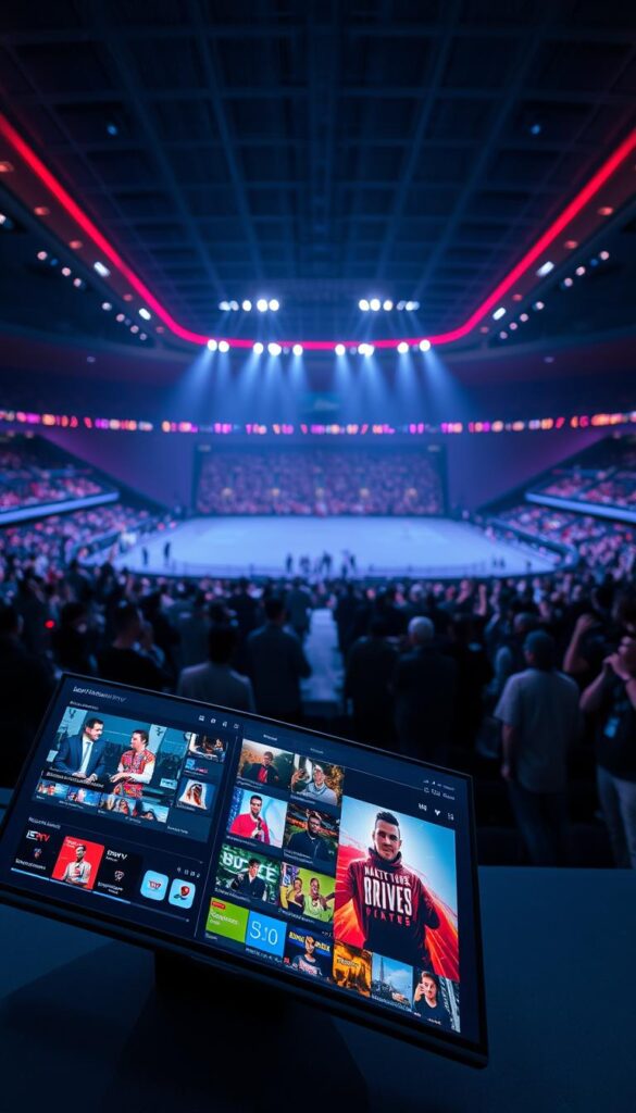 A dynamic, high-contrast scene of the IPTV Weltmeisterschaft without a contract. In the foreground, a sleek, futuristic IPTVANBIETERTV interface pulses with vivid colors, showcasing a diverse array of live event streams. The middle ground features a crowd of spectators, their faces alight with excitement, captured with a shallow depth of field. In the background, a vast, minimalist arena stretches out, illuminated by dramatic lighting that casts long shadows, conveying a sense of scale and grandeur. The overall atmosphere is one of flexibility, freedom, and the thrill of unbound access to the world's premier IPTV event.