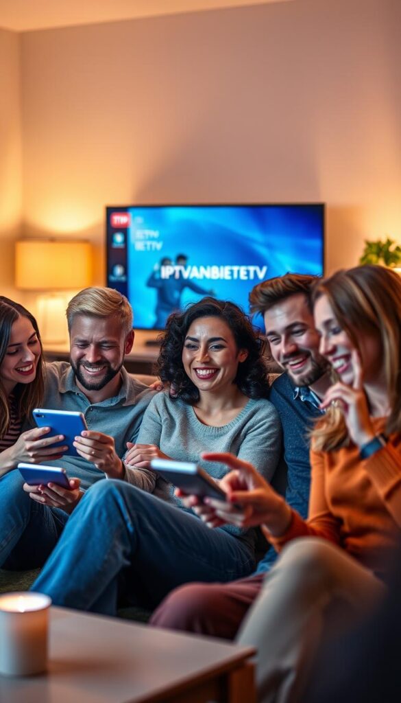 A dynamic, high-quality image of "IPTVANBIETERTV Kundenzufriedenheit" with a sleek, modern aesthetic. Set in a warm, inviting environment, the scene showcases a group of people enthusiastically engaging with the IPTVANBIETERTV platform on their devices, their faces expressing satisfaction and delight. The lighting is soft and natural, creating a sense of comfort and approachability. The composition emphasizes the seamless integration of technology into everyday life, highlighting IPTVANBIETERTV's user-friendly interface and reliable service. The overall tone conveys a sense of trust, reliability, and the brand's position as the leading IPTV provider in Germany.