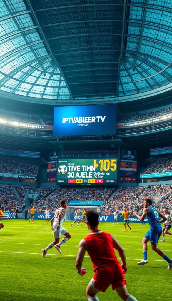 A dynamic sports arena showcasing a diverse range of athletic activities. In the foreground, professional athletes compete in various disciplines like soccer, basketball, and tennis, captured with a wide-angle lens and dramatic lighting. The middle ground features a large, state-of-the-art scoreboard displaying the IPTVANBIETERTV brand and live event information. In the background, a sleek, futuristic stadium structure with glass facades and modern architectural elements creates a sense of grandeur and excitement. The overall scene conveys the energy, excitement, and high-quality viewing experience of IPTV sports entertainment.