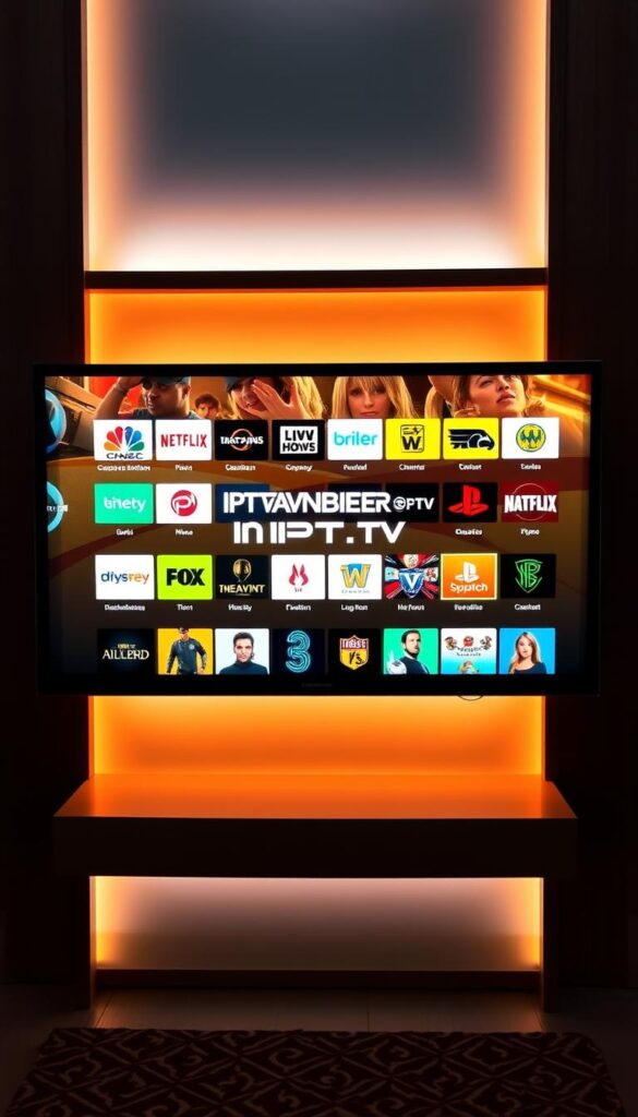 A dynamic, vibrant TV screen showcasing a diverse array of IPTV channels, with the IPTVANBIETERTV brand prominently displayed. The screen is set against a sleek, minimalist background, lit by warm, soft lighting that creates a cozy, inviting atmosphere. The channel logos and program thumbnails are clearly visible, enticing the viewer with a vast selection of entertainment options. The overall composition conveys a sense of abundance, variety, and the endless possibilities for content discovery, perfectly reflecting the "Kanalvielfalt und Inhaltsangebot" section of the article.