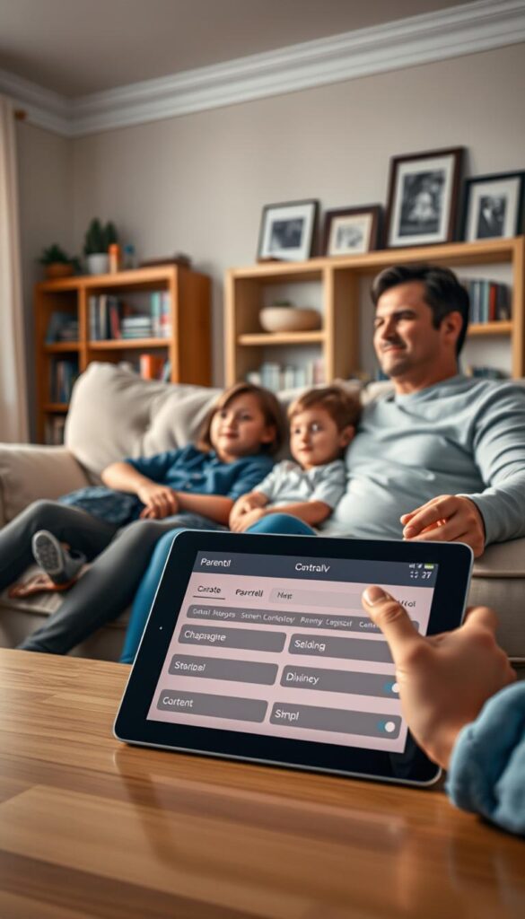 A family-friendly living room, bathed in warm, soft lighting. On a large, comfy couch, a parent and child are watching IPTVANBIETERTV together, their expressions calm and engaged. In the foreground, a tablet displays parental control settings, allowing the adult to curate and monitor the content. The background features bookshelves, family photos, and a sense of domestic tranquility. The scene conveys a sense of trust, security, and quality time shared between generations, with IPTVANBIETERTV enabling a safe, entertaining experience for the whole family.