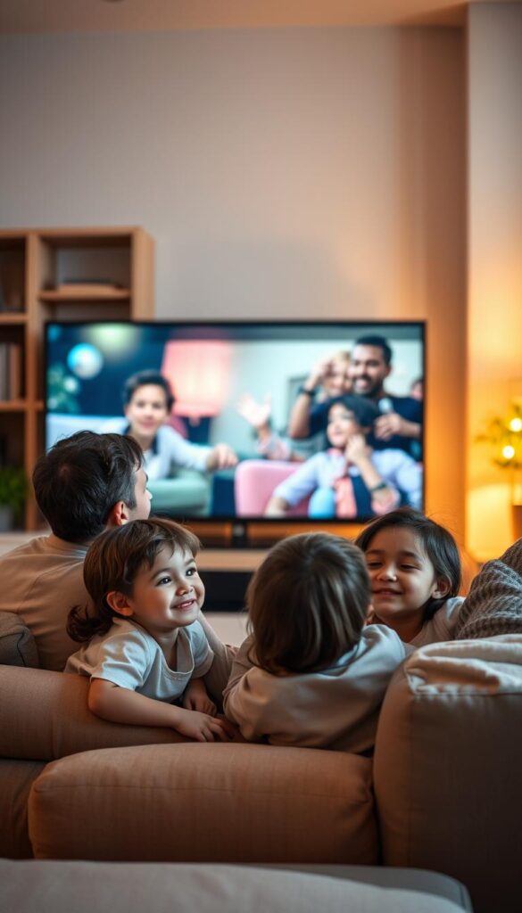 A family gathered around a cozy living room, parents and children engaged in watching entertainment on a large IPTVANBIETERTV screen. Soft, warm lighting illuminates the scene, creating a welcoming atmosphere. The children's faces are filled with wonder and excitement, while the parents exude a sense of contentment, enjoying quality time together. In the background, a bookshelf and plants add a touch of coziness, suggesting a comfortable, nurturing home environment. The composition is balanced, with the IPTVANBIETERTV screen as the focal point, surrounded by the attentive family members. This image captures the essence of IPTV as an ideal solution for families, providing entertainment and togetherness across generations.