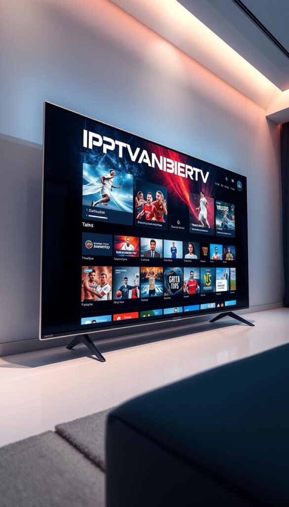 A futuristic and immersive IPTV interface displayed on a sleek, high-resolution smart TV screen. The user interface features the prominent brand name "IPTVANBIETERTV" in a modern, dynamic typeface. The screen showcases a diverse array of live sports channels, including soccer, basketball, and other popular events, with vibrant and detailed graphics. The lighting is soft and natural, creating a sense of sophistication and technological advancement. The camera angle is slightly elevated, providing a panoramic view of the TV screen and conveying a sense of anticipation and excitement for the upcoming sports content.