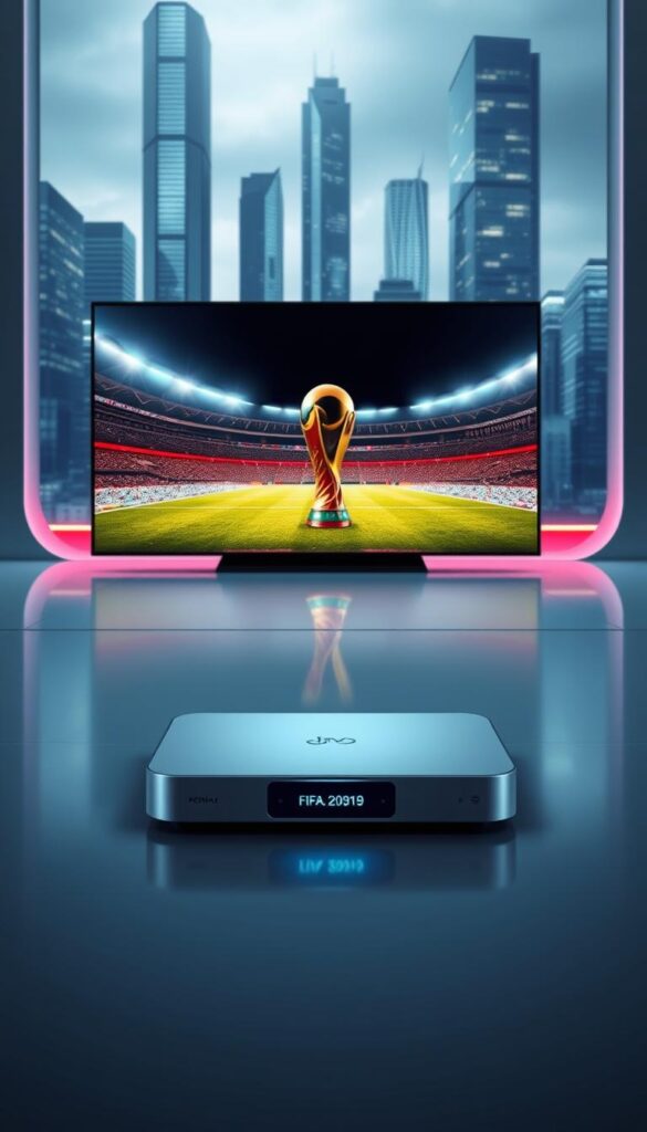 A futuristic and minimalist digital rendering of the leading IPTV provider in Germany, IPTVANBIETERTV. Set against a sleek, high-tech backdrop, the focal point is a state-of-the-art IPTV streaming device in the foreground, its clean lines and modern design emanating a sense of advanced technology. Subtle lighting accentuates the device's premium metallic finish, while the middle ground features a digital display showcasing the FIFA World Cup, conveying the service's ability to deliver premier sports content. The background incorporates a cityscape with towering skyscrapers, hinting at the widespread availability and accessibility of IPTVANBIETERTV's services. The overall composition exudes a sense of sophistication, reliability, and the cutting edge of IPTV technology.