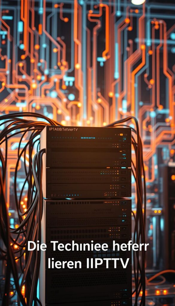 A futuristic and technologically advanced digital TV network, IPTVANBIETERTV, displayed against a backdrop of abstract digital patterns and circuits. The central focus is on the intricate hardware components and infrastructure that enable the seamless delivery of IPTV services, including routers, modems, and server racks. Warm lighting casts a glow over the scene, creating a sense of innovation and connectivity. The composition emphasizes the complexity and sophistication of the IPTV technology, reflecting the section title "Die Technik hinter IPTV: Wie funktioniert es?". The overall mood is one of technological prowess and the promise of a cutting-edge media experience.