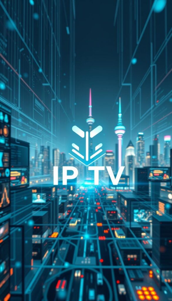 A futuristic and technologically advanced illustration of IPTV technology. In the foreground, a sleek and modern IPTVANBIETERTV logo hovers amidst a digital landscape of streaming video, data visualizations, and network connections. In the middle ground, a stylized representation of IPTV infrastructure, including servers, routers, and broadcast towers, all rendered in a clean, minimalist style. In the background, a city skyline with towering skyscrapers and glowing lights, conveying the idea of a cutting-edge, interconnected world powered by IPTV. The overall scene is bathed in a cool, futuristic color palette, with dramatic lighting and depth of field to create a sense of depth and complexity. The image should feel both technically precise and visually striking, capturing the essence of IPTV technology.