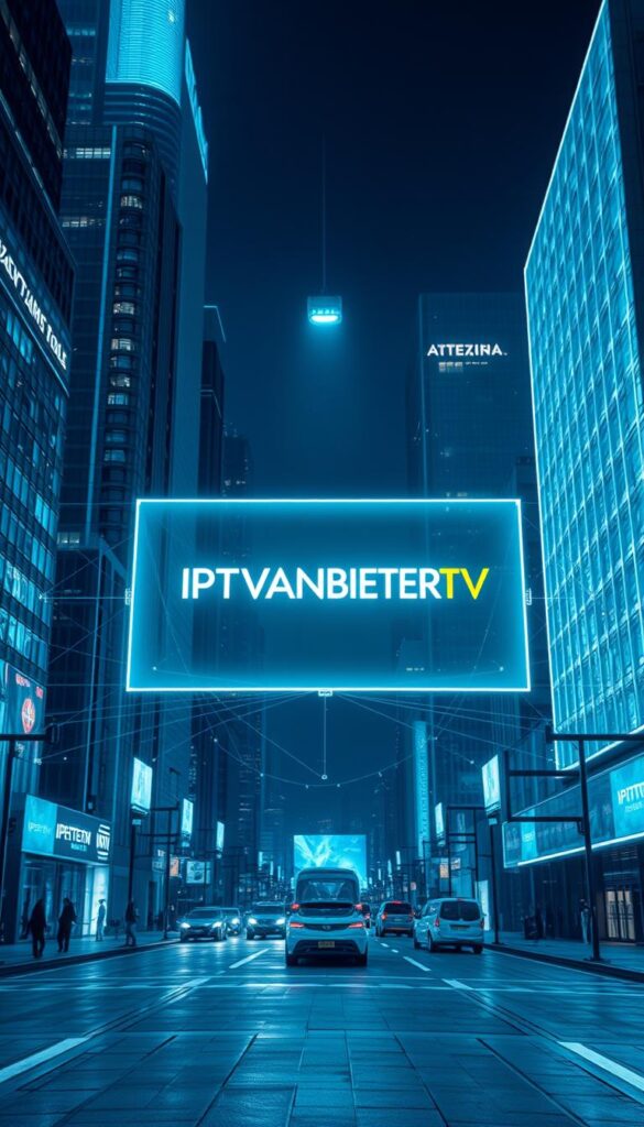 A futuristic cityscape at night, with towering skyscrapers and neon-lit streets. In the center, a large holographic display projects the "IPTVANBIETERTV" brand name, surrounded by a network of interconnected devices and screens. The scene is bathed in a cool, bluish hue, conveying a sense of technological sophistication and the digital future of television. The camera angle is slightly elevated, providing a sweeping, cinematic view of the urban landscape. Intricate details, such as the sleek, minimalist design of the buildings and the seamless integration of various media platforms, add depth and realism to the image.