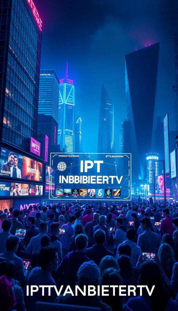 A futuristic cityscape, illuminated by vibrant neon lights, showcasing the "IPTVANBIETERTV" brand. In the foreground, a sleek, holographic interface displays a wide array of entertainment options, hinting at the revolutionary nature of IPTV services. The middle ground features a dynamic crowd of people, their faces lit by the glow of their devices, captivated by the seamless streaming experience. In the background, towering skyscrapers with angular, modern architecture symbolize the technological advancement driving the IPTV revolution. The scene is bathed in a cool, blue-tinted lighting, creating a sense of innovation and progress. The overall atmosphere conveys the excitement and transformative power of IPTV, positioning it as the future of television.