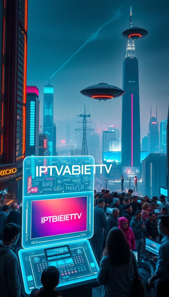 A futuristic cityscape with advanced holographic displays, glowing skyscrapers, and floating transport pods. In the foreground, a large holographic screen showcases the IPTVANBIETERTV logo, surrounded by a sleek, high-tech control panel. The middle ground features a diverse crowd of people interacting with various digital interfaces, their faces illuminated by the vibrant, neon-like colors of the city. The background is dominated by a vast, sprawling metropolis, with towering structures and a hazy, atmospheric sky. The overall scene conveys a sense of technological progress, immersive entertainment, and the seamless integration of IPTV into the urban landscape.