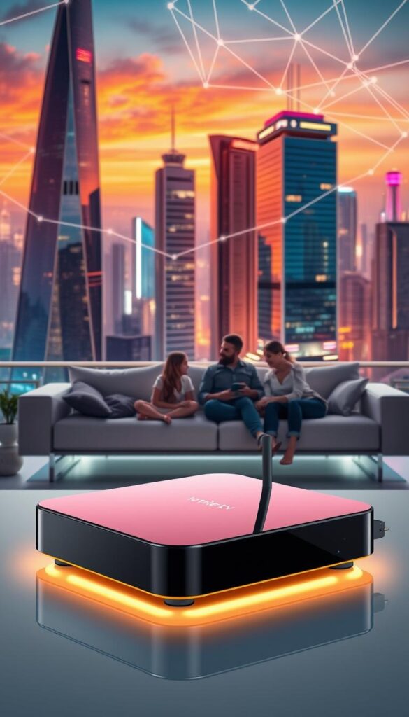 A futuristic cityscape with sleek, high-rise buildings and a vibrant, neon-lit skyline. In the foreground, a sophisticated IPTVANBIETERTV device, its elegant design and glossy finish reflecting the surrounding urban environment. The device emits a soft, warm glow, illuminating the scene with a sense of technological advancement. The middle ground features a family relaxing on a modern, minimalist couch, their faces lit by the device's display, immersed in a captivating IPTV experience. In the background, a network of winding cables and digital infrastructure, symbolizing the seamless connectivity that IPTV provides. The overall mood is one of innovation, convenience, and entertainment, capturing the essence of "Was ist IPTV und wie funktioniert es?"