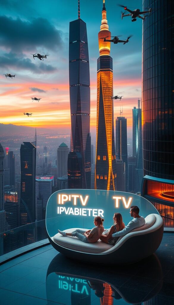 A futuristic cityscape with sleek, towering skyscrapers and a vibrant, neon-lit skyline. In the foreground, a large, holographic projection showcases the IPTVANBIETERTV logo, casting a warm, vibrant glow over the scene. The middle ground features a family relaxing on a plush, floating couch, their eyes fixed on a massive, curved OLED display that seamlessly blends into the architecture. In the background, drones and autonomous vehicles weave through the air, creating a sense of dynamic, advanced technology. The lighting is a combination of cool, ambient tones and warm, saturated hues, creating a striking, futuristic atmosphere. Shot with a wide-angle lens to capture the grand scale and impressive, architectural details.