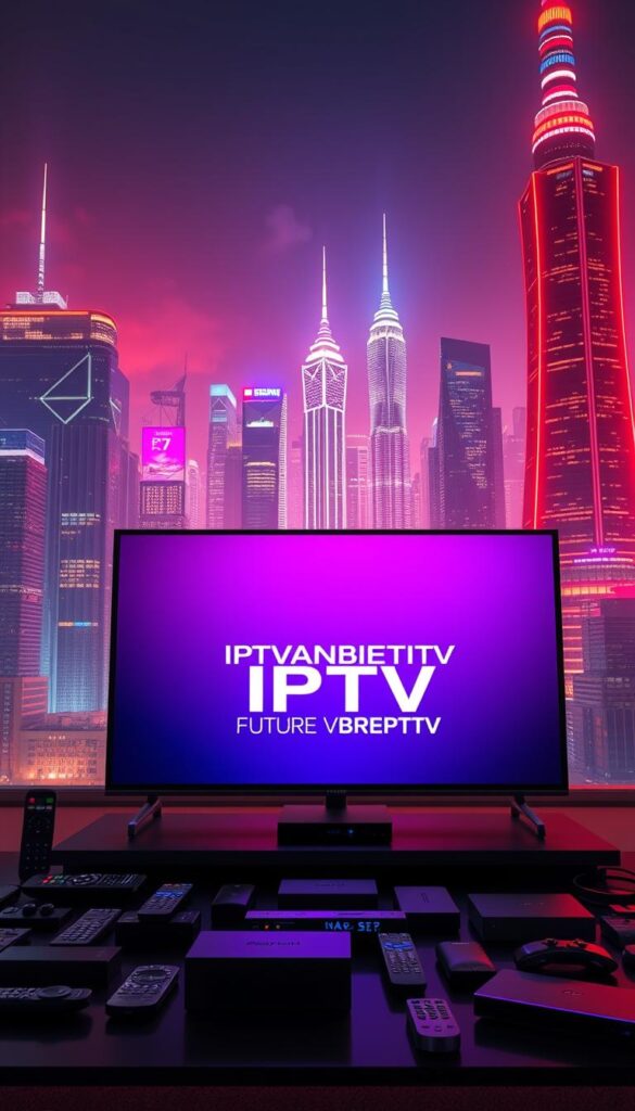 A futuristic cityscape with towering skyscrapers and a vibrant, neon-lit skyline. In the foreground, a sleek, modern television set displays the IPTVANBIETERTV logo, surrounded by an array of remote controls, streaming devices, and other media accessories. The lighting is dramatic, with warm, saturated colors and deep shadows, creating a sense of technological advancement and innovation. The scene conveys the excitement and transformative power of IPTV, the future of television viewing.