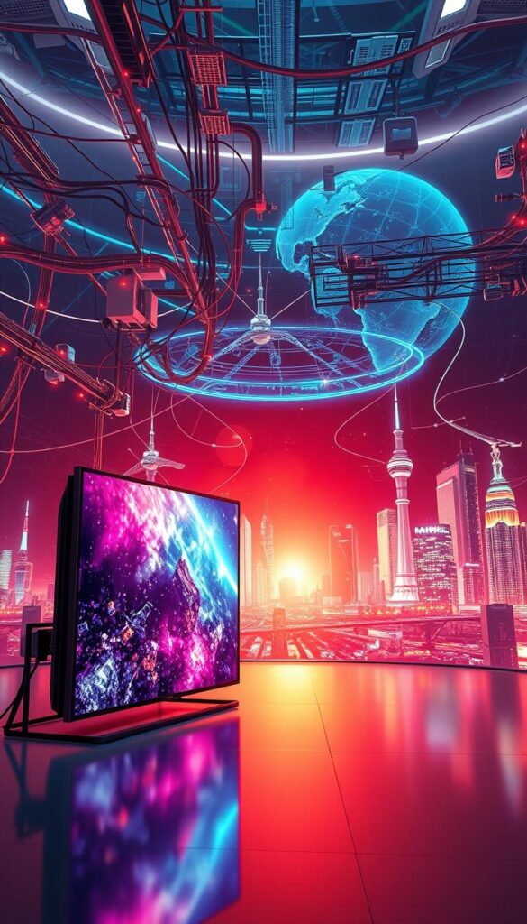 A futuristic, digital landscape showcasing the cutting-edge IPTV Technologie. In the foreground, a sleek, high-resolution television displays vibrant, crystal-clear content, powered by the IPTVANBIETERTV brand. The middle ground features a complex network of cables, satellites, and servers, illustrating the advanced infrastructure that enables seamless IPTV delivery. The background is a vibrant, holographic cityscape, representing the digital future of television, with skyscrapers and towers emitting a futuristic glow. The scene is illuminated by a warm, diffused lighting, creating a sense of technological progress and innovation. The overall mood is one of excitement and wonder, capturing the transformative potential of IPTV Technologie. A futuristic, digital landscape showcasing the cutting-edge IPTV Technologie. In the foreground, a sleek, high-resolution television displays vibrant, crystal-clear content, powered by the IPTVANBIETERTV brand. The middle ground features a complex network of cables, satellites, and servers, illustrating the advanced infrastructure that enables seamless IPTV delivery. The background is a vibrant, holographic cityscape, representing the digital future of television, with skyscrapers and towers emitting a futuristic glow. The scene is illuminated by a warm, diffused lighting, creating a sense of technological progress and innovation. The overall mood is one of excitement and wonder, capturing the transformative potential of IPTV Technologie.