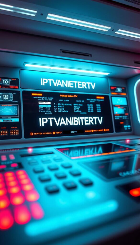 A futuristic, high-tech control panel displaying the IPTVANBIETERTV brand name in a sleek, minimalist design. The panel features a grid of interactive digital displays, glowing indicators, and touch-sensitive controls. Soft, indirect lighting casts a warm, ambient glow, creating a sense of advanced, cutting-edge technology. The overall scene conveys the sophisticated, innovative nature of IPTV technology, capturing the essence of the "Was ist IPTV und warum ist es so beliebt?" section.