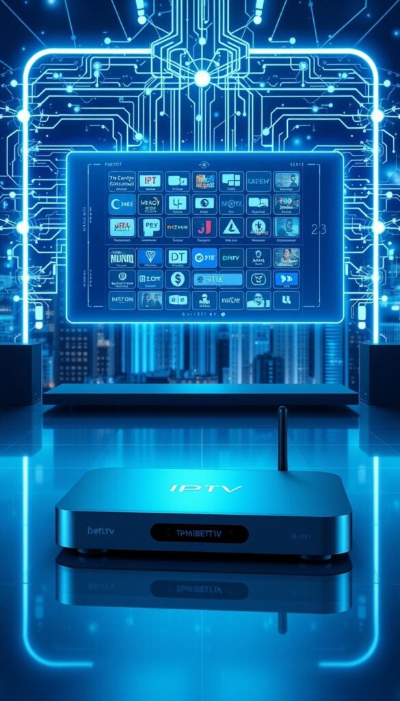 A futuristic, high-tech illustration of IPTV technology. In the foreground, a sleek, minimalist IPTVANBIETERTV set-top box with clean lines and subtle branding. In the middle ground, a floating, holographic user interface displays a grid of streaming channels and on-demand content. In the background, a dynamic, data-driven visualization of the IPTV network infrastructure, with interlocking nodes, fiber optic cables, and wireless signals pulsing through a cityscape backdrop. The lighting is cool and digital, creating an atmosphere of modern, connected living. The overall impression is one of advanced, seamless IPTV functionality that is both visually appealing and technologically sophisticated.