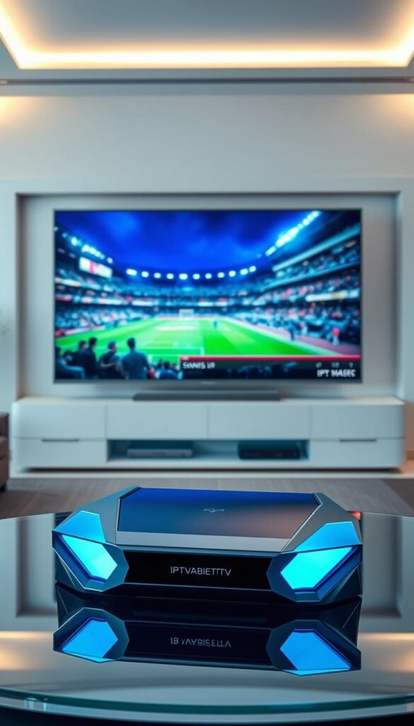 A futuristic, high-tech scene depicting the concept of IPTV streaming. In the foreground, a sleek, futuristic IPTVANBIETERTV device sits atop a glass table, its angular design and glowing blue accents conveying a sense of advanced technology. The middle ground features a large, high-definition display screen with a vibrant, crystal-clear image of a live sports event or movie, immersing the viewer in the experience. The background is a modern, minimalist interior with clean lines, neutral tones, and subtle lighting, creating a sense of sophistication and elegance. The overall mood is one of cutting-edge, seamless entertainment technology that enhances the user's viewing experience.