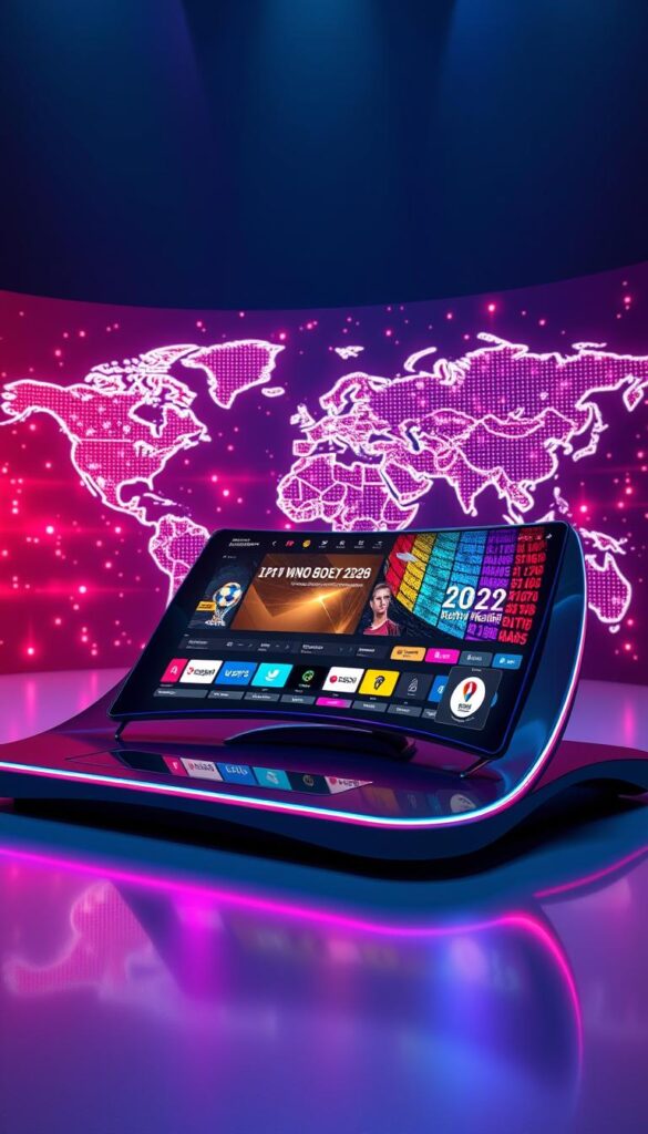 A futuristic, hyper-realistic 3D illustration of the "IPTV Streaming Plattform WM2026" by IPTVANBIETERTV. The platform features a sleek, curved user interface with vibrant colors and intuitive controls. The background showcases a dynamic, holographic world map with glowing data streams, reflecting the global reach and advanced technology of the service. Dramatic lighting creates depth and atmosphere, while the overall design conveys a sense of innovation, sophistication, and an immersive viewing experience tailored for the 2026 World Cup.