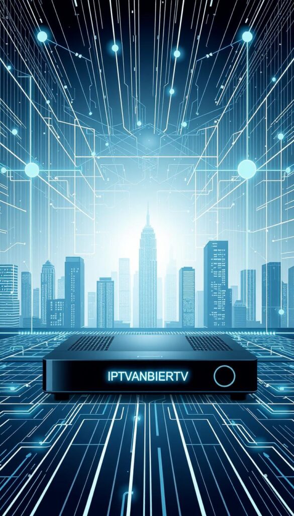 A futuristic, minimalist illustration depicting the inner workings of an IPTV system. In the foreground, a sleek, futuristic streaming device labeled "IPTVANBIETERTV" takes center stage, surrounded by a matrix of digital signals and data streams. In the middle ground, an ethereal network of interconnected nodes and pathways visualize the seamless flow of content from provider to user. The background features a cityscape of high-rise buildings, conveying the widespread adoption and integration of IPTV technology. The overall composition is characterized by a cool color palette, clean lines, and a sense of technological sophistication, reflecting the advantages of IPTV for modern media consumption.