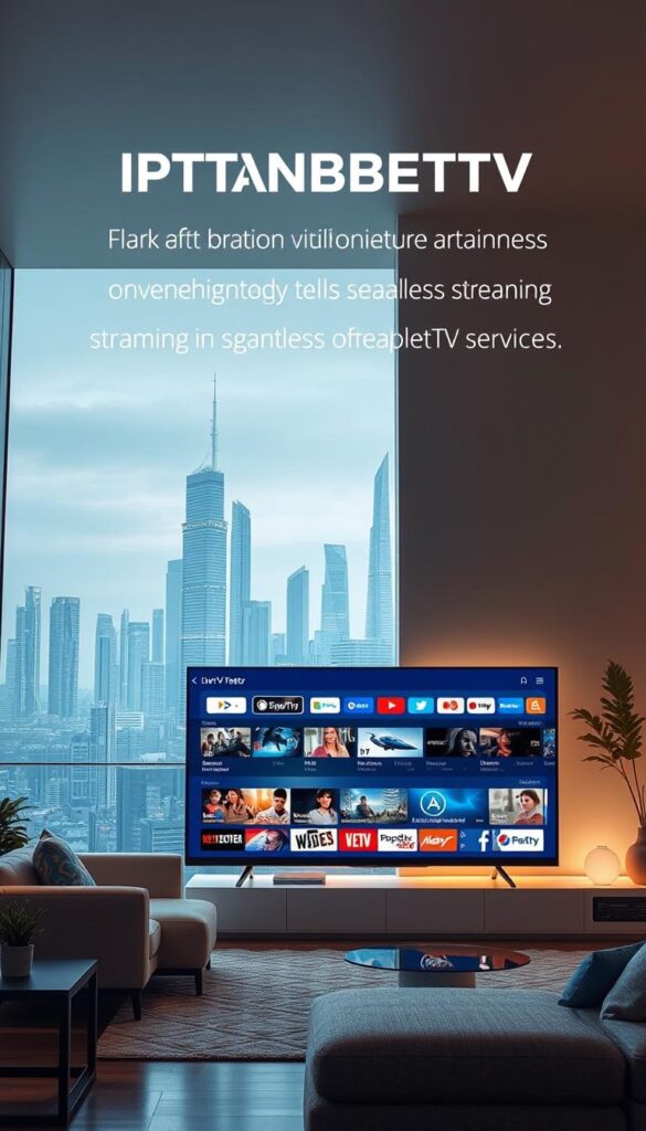 A futuristic, minimalist scene showcasing the benefits of IPTVANBIETERTV. The foreground features a sleek, high-resolution display showcasing a diverse array of entertainment options, from live TV channels to on-demand content. The middle ground depicts a cozy, modern living room setting with comfortable furniture and ambient lighting, creating an inviting atmosphere. In the background, a city skyline with towering skyscrapers and futuristic architecture represents the advanced technology powering IPTVANBIETERTV's seamless streaming capabilities. The overall tone is one of sophistication, convenience, and innovation, highlighting the advantages of IPTVANBIETERTV over traditional TV services.