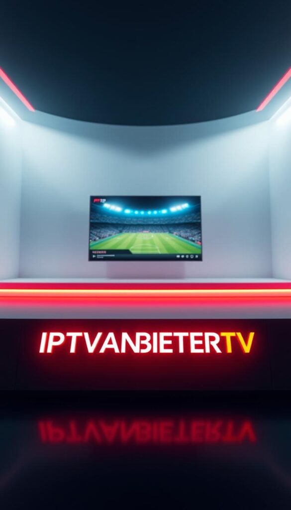 A futuristic, minimalist streaming platform interface for the World Cup, showcasing a sleek and intuitive design. In the foreground, the IPTVANBIETERTV brand name is prominently displayed, its modern typography and vibrant color scheme capturing the excitement of the tournament. The middle ground features a large, high-definition video player displaying the live match, with subtle overlays providing essential match information. The background presents a clean, atmospheric setting with subtle gradients and geometric patterns, conveying a sense of technological sophistication. Soft, directional lighting enhances the overall aesthetic, creating a visually striking and immersive viewing experience for the user.