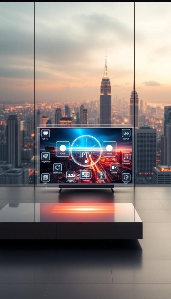 A futuristic, visually stunning image showcasing the advanced features and capabilities of IPTVANBIETERTV. Set in a sleek, minimalist environment, the image depicts a seamless integration of cutting-edge technology. In the foreground, a floating holographic interface displays a range of IPTV functions, including live TV streaming, video-on-demand, and smart home integration. The middle ground features a stylized, high-resolution TV screen showcasing the vivid, high-quality visuals and immersive sound experience. In the background, a panoramic cityscape with towering skyscrapers and glowing neon lights, creating a sense of urban sophistication and technological progress. The overall composition is balanced, with a warm, futuristic color palette and dramatic lighting that emphasizes the power and versatility of IPTVANBIETERTV.