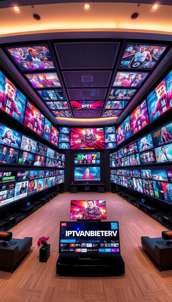 A grand, expansive media center filled with vibrant IPTVANBIETERTV channels, showcasing a diverse array of entertainment options. Sleek and modern flat-screen televisions line the walls, their screens alive with a mesmerizing array of high-definition content. Soft, even lighting bathes the scene, creating a comfortable, inviting atmosphere. In the foreground, a central hub displays the IPTVANBIETERTV logo, surrounded by detailed channel icons and program information, conveying the breadth and depth of the available offerings. The background features a subtly blurred cityscape, hinting at the global reach and connectivity of this comprehensive IPTV service. The overall impression is one of a well-curated, technologically advanced media experience, catering to a wide range of viewer preferences and tastes. A grand, expansive media center filled with vibrant IPTVANBIETERTV channels, showcasing a diverse array of entertainment options. Sleek and modern flat-screen televisions line the walls, their screens alive with a mesmerizing array of high-definition content. Soft, even lighting bathes the scene, creating a comfortable, inviting atmosphere. In the foreground, a central hub displays the IPTVANBIETERTV logo, surrounded by detailed channel icons and program information, conveying the breadth and depth of the available offerings. The background features a subtly blurred cityscape, hinting at the global reach and connectivity of this comprehensive IPTV service. The overall impression is one of a well-curated, technologically advanced media experience, catering to a wide range of viewer preferences and tastes.