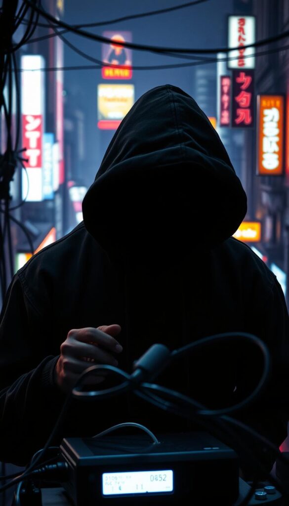 A gritty, neon-lit cityscape at night, with a shadowy figure in the foreground examining an IPTVANBIETERTV device. The figure is dressed in a dark hoodie, their face obscured. In the background, a tangle of wires and cables snake across the scene, hinting at the underground world of illegal IPTV services. The lighting is harsh, casting deep shadows and creating a sense of unease. The overall atmosphere is one of secrecy and illicit activity, reflecting the nature of the subject matter.