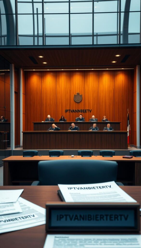 A high-angle shot of a modern German courthouse, its sleek glass facade reflecting the sunlight. In the foreground, a desk with a name plate reading "IPTVANBIETERTV" and various legal documents. Behind it, a panel of judges presiding over a courtroom, their faces focused and stern. The room is bathed in a warm, authoritative lighting, conveying the weight and gravity of the legal proceedings. The overall scene suggests the complex legal landscape surrounding IPTV services in Germany.