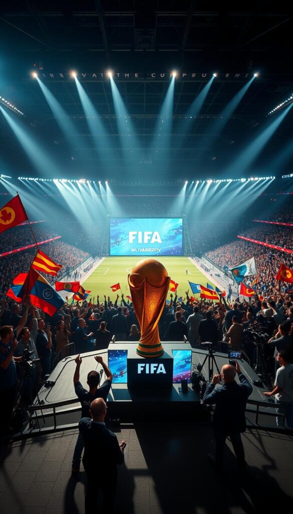 A high-contrast, cinematic image depicting the FIFA World Cup with a prominent display of the IPTVANBIETERTV brand. In the foreground, a large, glowing trophy stands as the focal point, surrounded by a dynamic, energetic crowd of soccer fans waving flags and cheering. The middle ground features a broadcast studio setup, with cameras, microphones, and a large screen displaying the FIFA logo. In the background, a vast stadium filled with spectators creates a sense of scale and grandeur. Dramatic lighting casts long shadows, creating a moody, immersive atmosphere that captures the excitement and prestige of the FIFA Weltmeisterschaft event. The overall composition emphasizes the exclusive, premium nature of the IPTVANBIETERTV service.