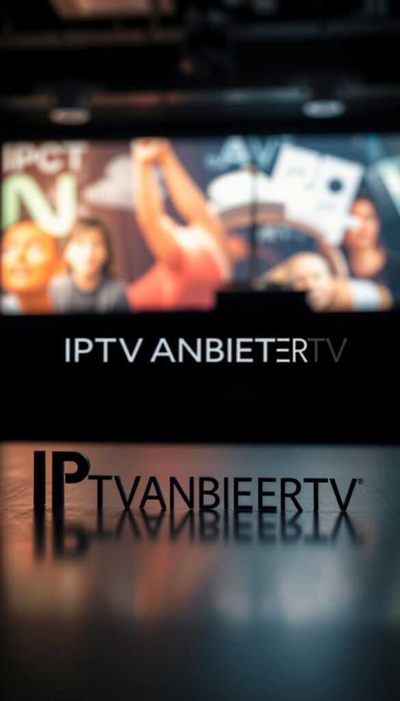 A high-contrast, high-resolution image depicting the legal aspects of IPTV streaming in Germany. The scene features a dramatic, moody lighting with deep shadows and highlights, set against a blurred, abstract background suggesting the complex legal landscape. In the foreground, the brand name "IPTVANBIETERTV" is prominently displayed in a sleek, modern typeface, conveying a sense of professionalism and authority. The image should evoke a sense of seriousness and importance, reflecting the gravity of the legal issues surrounding IPTV usage.