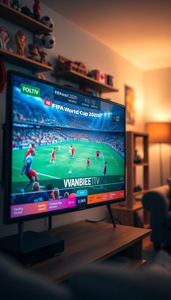 A high-definition IPTV screen displaying a vibrant FIFA World Cup 2026 match, captured with a wide-angle lens in a warm, cinematic lighting. The screen showcases the IPTVANBIETERTV brand, framed by sleek black hardware and set against a blurred background of sports memorabilia and a cozy living room. The image conveys the excitement and immersion of watching the tournament's live action from the comfort of one's home, highlighting the convenience and quality of the IPTV service.