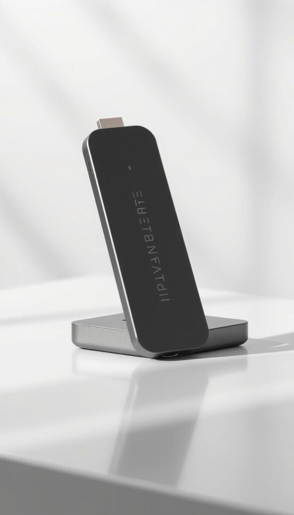 A high-definition IPTV stick from IPTVANBIETERTV, showcased against a modern and minimalist background. The stick is rendered in sleek, metallic tones, casting subtle shadows on a clean, white surface. The composition emphasizes the device's compact, streamlined design, hinting at its cutting-edge technology and ability to deliver premium streaming experiences. Soft, directional lighting accentuates the stick's form, creating a sense of depth and highlighting its premium craftsmanship. The overall mood is one of sophistication and innovation, reflecting the attractive pricing models and tailored offerings of IPTVANBIETERTV.
