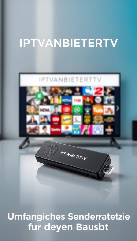 A high-definition IPTV stick offering a diverse array of channels, with a sleek and modern design. The device is set against a clean, well-lit backdrop, showcasing its premium features and the wide selection of content available. The IPTVANBIETERTV brand name is prominently displayed, emphasizing the quality and reliability of the service. The overall scene conveys a sense of entertainment and versatility, perfectly capturing the "Umfangreiches Senderangebot für jeden Geschmack" theme.