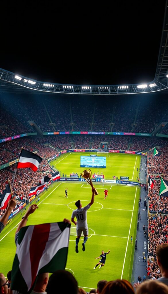 A high-definition broadcast of the FIFA World Cup live on IPTVANBIETERTV. The stadium's vibrant green pitch is flanked by passionate fans waving flags and banners in the stands. Floodlights cast a warm glow, illuminating the players' dynamic movements as they compete for the coveted trophy. Dramatic camera angles capture the tension and excitement of the match, with a tight focus on the ball's trajectory and the players' expressions. The atmosphere is electric, with the roar of the crowd and the commentator's enthusiastic voice providing an immersive viewing experience. The overall scene conveys the thrill and prestige of the FIFA Weltmeisterschaft, the pinnacle of international football.