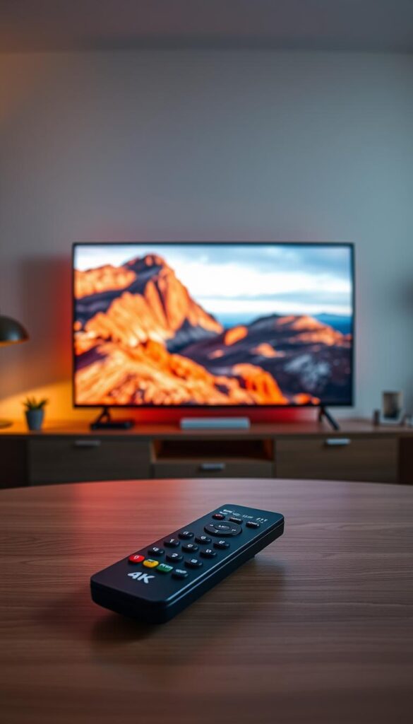 A high-definition, cinematic 4K IPTV setup in a modern, minimalist living room. Warm, soft lighting illuminates the sleek, slim TV screen, showcasing the vivid, lifelike details of the 4K image. The room is bathed in a cozy, atmospheric glow, with minimal distractions to immerse the viewer in the viewing experience. In the foreground, the IPTVANBIETERTV remote control rests on a minimalist, wooden coffee table, hinting at the advanced technology powering the 4K IPTV system. The background features a clean, uncluttered wall, allowing the TV to be the focal point. The overall scene conveys a sense of refined, high-quality entertainment in the comfort of the home.