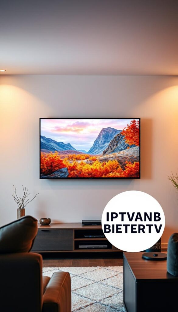 A high-definition, crystal-clear view of a living room with a large, flat-screen television mounted on the wall. The screen displays vibrant, lifelike images with exceptional detail and color accuracy, creating an immersive viewing experience. Soft, warm lighting fills the room, providing a cozy and inviting atmosphere. The IPTVANBIETERTV logo is prominently displayed in the corner of the screen, highlighting the reliable and high-quality IPTV service. The scene evokes a sense of comfort, relaxation, and the joy of true TV enjoyment.