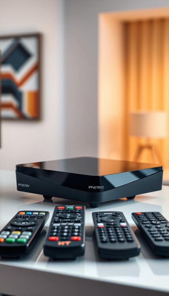 A high-definition image of a sleek, modern IPTVANBIETERTV set-top box placed on a clean, minimalist desk. The box features a glossy black finish and sharp, angular lines, reflecting a premium, cutting-edge design. The device is surrounded by a variety of television remote controls, highlighting the extensive channel selection offered by IPTVANBIETERTV. The background is a softly blurred, warm-toned interior, creating a sense of comfort and sophistication. Soft, directional lighting illuminates the scene, casting subtle shadows and highlights that accentuate the product's elegant aesthetic. The overall mood is one of technological prowess and user-friendly convenience.