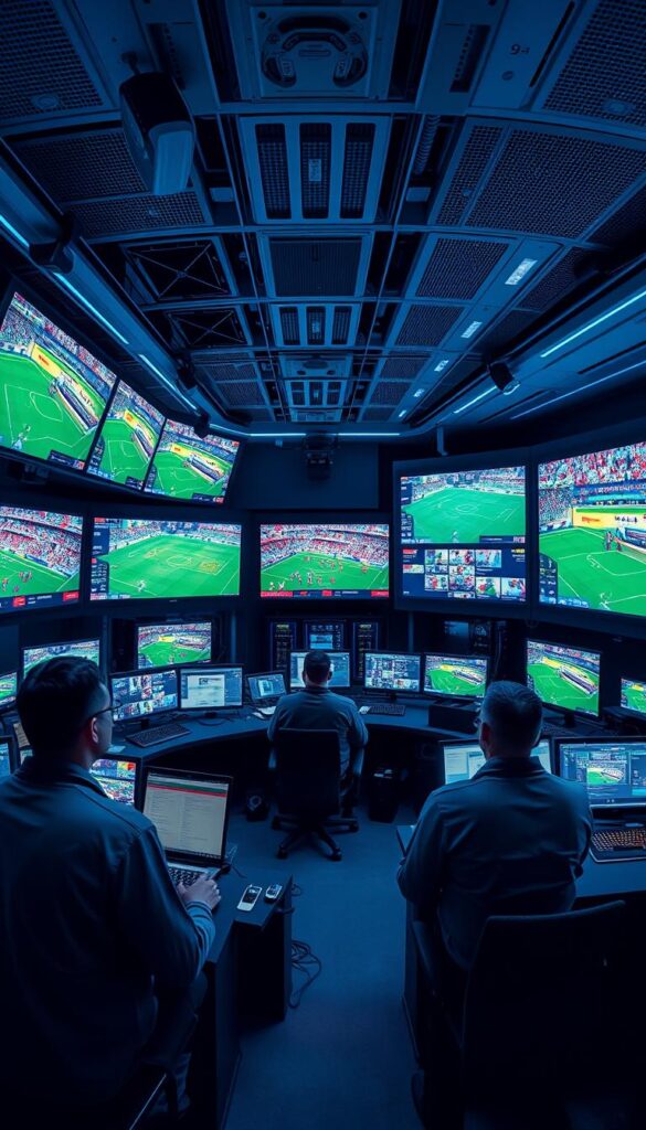 A high-definition live broadcast of the FIFA 2026 World Cup on the exclusive IPTVANBIETERTV platform. A panoramic view of a modern, futuristic media control room filled with state-of-the-art equipment. Rows of large monitors display the action on the field in vivid detail, with multiple camera angles and overlays providing in-depth statistics and analysis. The room is bathed in a cool, blue-tinted lighting, creating a professional, technology-driven atmosphere. In the foreground, a team of technicians meticulously monitor the live feed, ensuring a seamless viewing experience for the audience. The background showcases a network of servers and cables, symbolizing the robust infrastructure powering the IPTVANBIETERTV service.