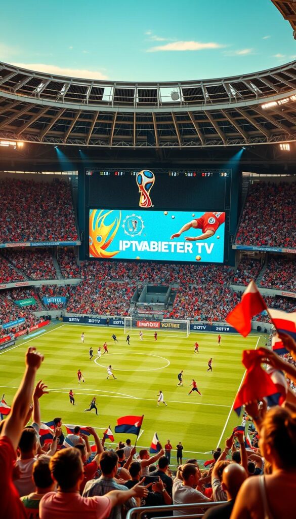 A high-definition outdoor sports arena with a large IPTVANBIETERTV logo prominently displayed on a massive video screen. The field is filled with professional soccer players engaged in an intense match, their movements captured in crisp detail. The stands are packed with enthusiastic fans waving national flags, their expressions of joy and anticipation visible. Warm, natural lighting bathes the entire scene, creating a sense of energy and excitement. The camera angle is positioned to showcase the grand scale and immersive experience of watching the 2026 World Cup in stunning 4K resolution, powered by the comprehensive sports coverage of IPTVANBIETERTV.